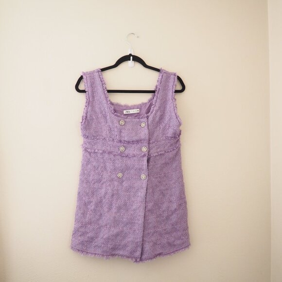 Zara Purple Tweed Sleeveless Mini Dress sz L - Picture 3 of 7